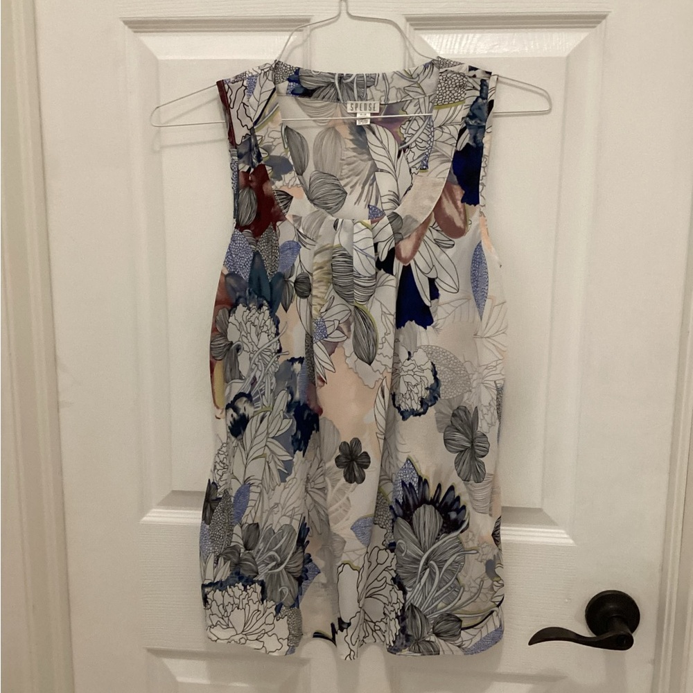 Spense Floral Sleeveless Blouse - Blue and White
